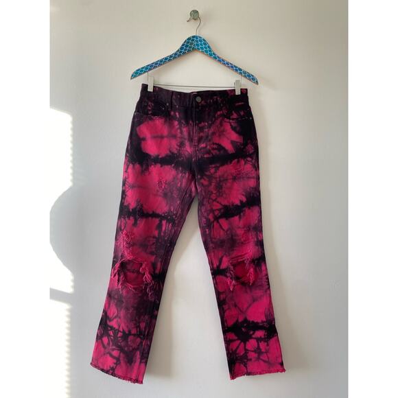 ALICE + OLIVIA Pink Black Tie Dye Genevieve Distressed Baggy Jeans - Picture 8 of 8